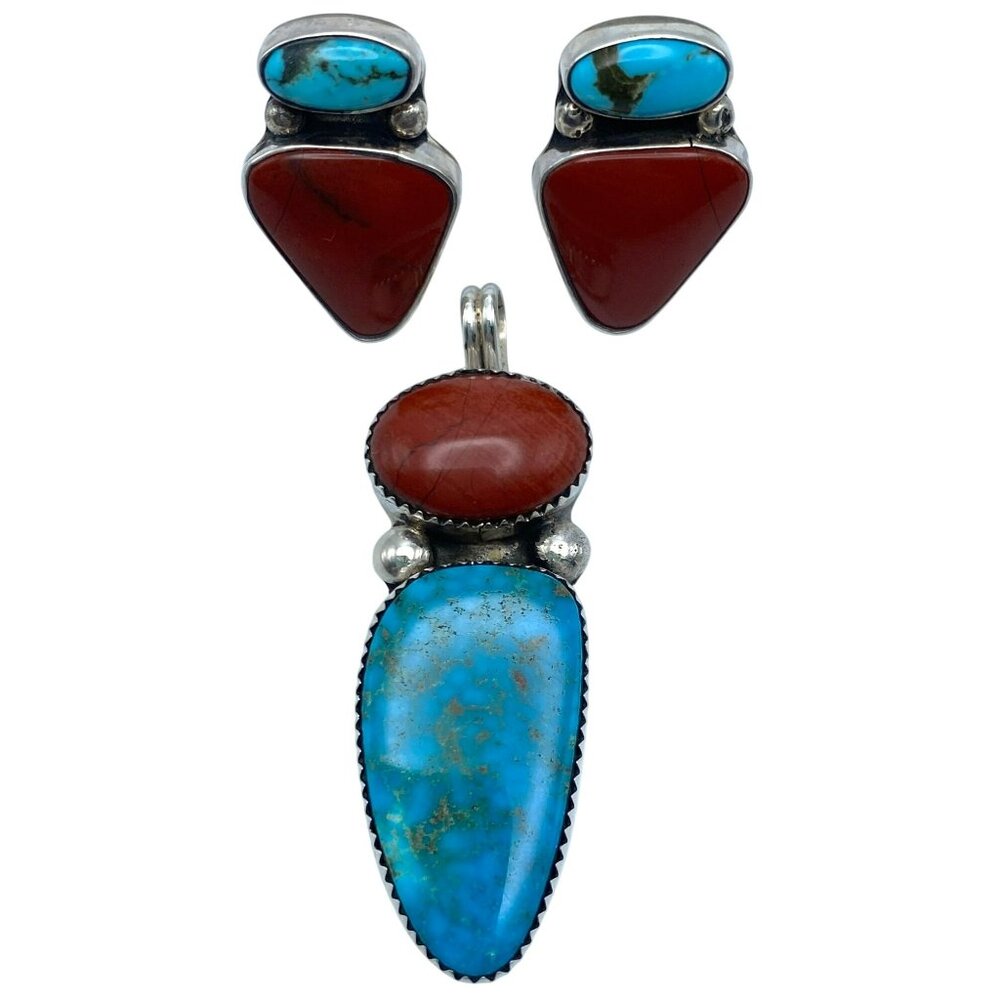 Vintage San Felipe Pueblo Jenn Garcia Spiny Oyster Turquoise Earrings Pendant